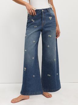 Pomelo - Bead Embroidery Wide Leg Jeans - Blue