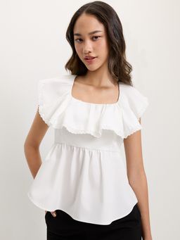Pomelo - Peplum Lace Trim Blouse - White