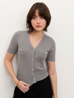 Pomelo - Button-Up Knit Top - Light Grey