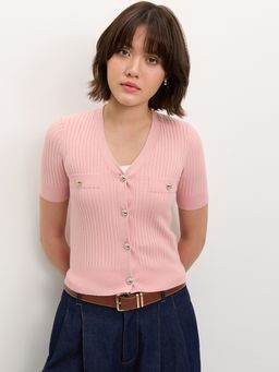Pomelo - Button-Up Knit Top - Light Pink