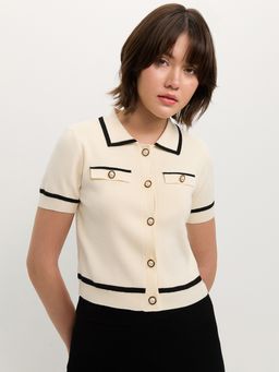 Pomelo - Polo Contrast Trim Knit Top - Beige