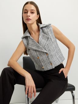 Pomelo - Plaid Double-Breasted Vest - Off-White