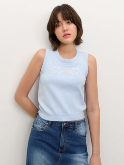 Pomelo - Embroidered Knit Top - Light Blue