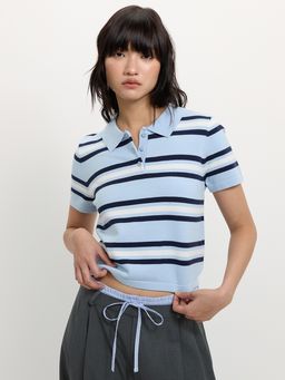 Pomelo - Striped Polo Top - Baby Blue