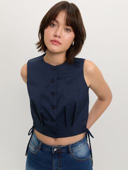 Pomelo - Side Bow Tie Crop Top - Navy