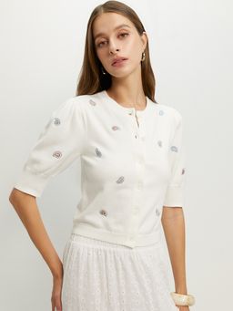 Pomelo - Embroidered Knit Cardigan - White