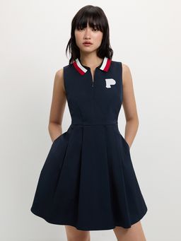 Pomelo - Contrast Collar Pleated Dress - Navy