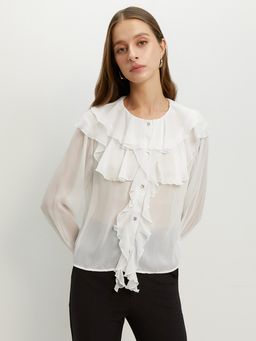 Pomelo - Ruffled Button-Up Blouse - Off-White
