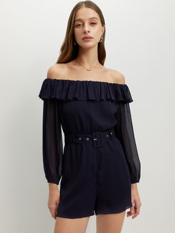 Pomelo - Off-Shoulder Ruffled Romper - Navy