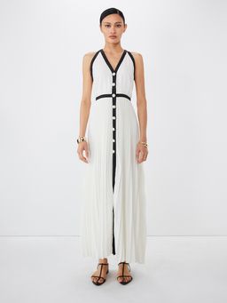 Pomelo - Contrast Trim Pleated Sleeveless Maxi Dress - White