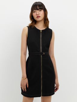 Pomelo - Zippered Contrast Stitch Dress - Black