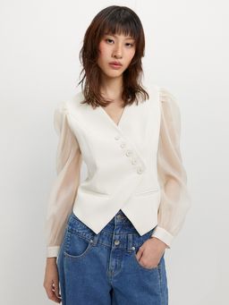 Pomelo - Organza Puff Sleeve Top - Beige
