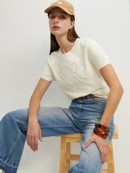 Pomelo - Embroidered Knit Top - Cream