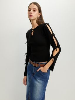 Pomelo - Bow Cut Out Knit Top - Black