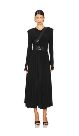 Norma Kamali - Long Sleeve Shoulder Pad V Neck Flared Dress