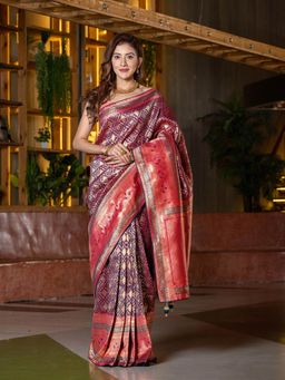 Beatitude - Purple Pink Ethnic Motifs Silk Blend Saree with Unstitched Blouse