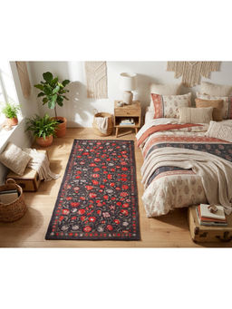 Bungalow and Beyond - Black Gulmohar Midnight Floral Printed Cotton Rug