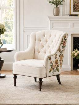 JABRIX - Beige Floral Ivory Wing Accent Chair