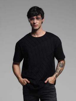 Jack & Jones - Black Oversized Round Neck Textured T-Shirt