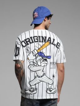 Jack & Jones - White Over-Sized Fit Striped Round Neck T-Shirt