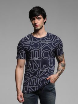 Jack & Jones - Navy Blue Regular Fit Typography Print T-Shirt