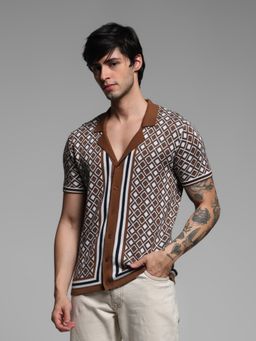 Jack & Jones - Brown Slim Fit Printed Casual Shirt