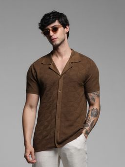 Jack & Jones - Brown Slim Fit Textured Casual Shirt
