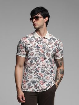 Jack & Jones - Beige Regular Fit Floral Polo T-Shirt