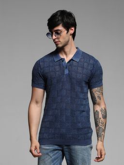 Jack & Jones - Blue Regular Fit Textured Polo T-Shirt