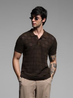 Jack & Jones - Brown Regular Fit Textured Polo T-Shirt