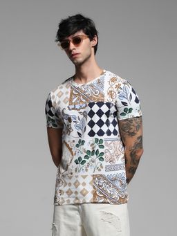 Jack & Jones - White Slim Fit Abstract Printed Round Neck T-Shirt