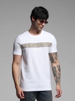 Jack & Jones - White Regular Fit Round Neck Self Design T-Shirt