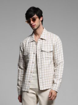 Jack & Jones - Beige Linen Houndstooth Print Jacket