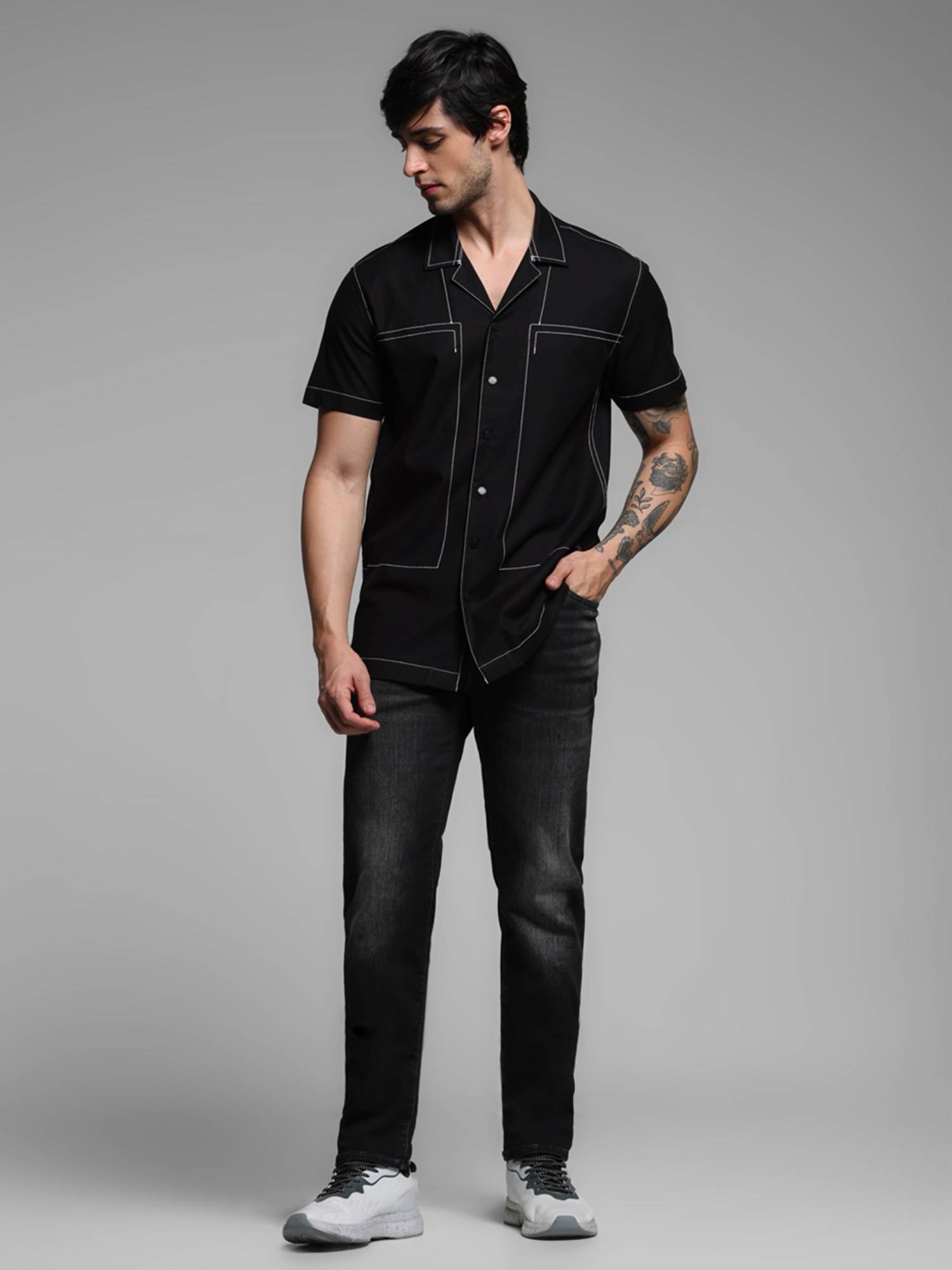 Buy Jack & Jones Black Contrast Stitch Short Sleeves Solid Shirt
