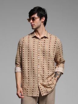 Jack & Jones - Brown Regular Fit Long Sleeve Printed Shirt
