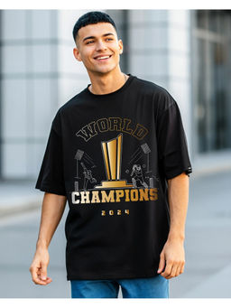 Bewakoof - Men's Black World Champion Graphic Printed Oversized T-shirt