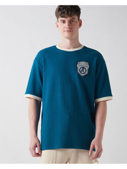 Bewakoof - Heavy Duty 1.0 Official Marvel Men's Morroco Blue Avengers Badge Textured Oversized T-shirt