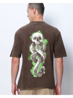 Bewakoof - Official Harry Potter Men's Brown Death Mark Graphic Printed Oversized Acid Wash T-shirt