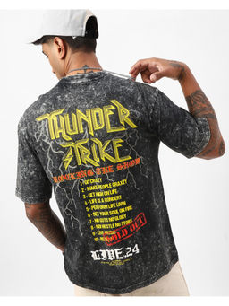 Bewakoof - Men's Black Thunder Typography Oversized Acid Wash T-shirt