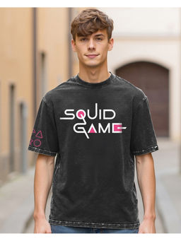 Bewakoof - Men's Black Squid Game Graphic Printed Oversized Acid Wash T-shirt