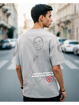 Bewakoof - Heavy Duty 1.0 Official Marvel Men's Vapour Blue Captain Graphic Printed Oversized T-shirt