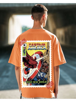 Bewakoof - Official Marvel Men's Orange Captain Graphic Printed Oversized T-shirt