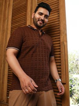 Instafab Plus - Men Coffee Brown Weave-Textured Polo T-Shirt