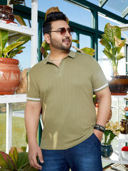 Instafab Plus - Men Olive Green Textured Polo T-Shirt