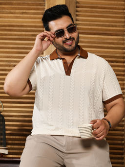 Instafab Plus - Men Daisy White and Russet Brown Arc-Tactile Polo T-Shirt