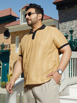 Instafab Plus - Men Buff Beige and Midnight Black Arc-Tactile Polo T-Shirt