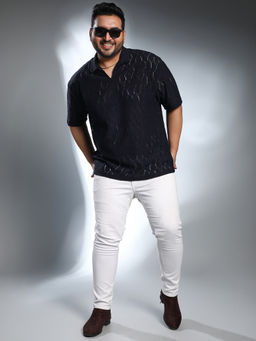 Instafab Plus - Men Navy Blue Honeycomb-Knit Polo T-Shirt