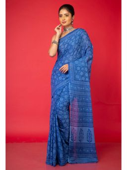 Unnati Silks - Blue Pure Block Printed Superfine Mulmul Cotton Saree with Unstitched Blouse