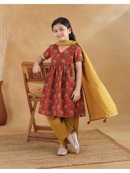 Fabindia - Red Cotton Printed Anarkali With Pant & Dupatta