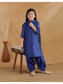 Fabindia - Navy Cotton Silk Blend Hand Block Printed Kurta with Salwar & Dupatta